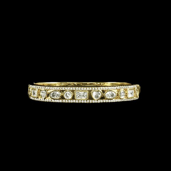 Artisan Modernist Shiny Gold Bangle Bracelet with Pave CZ Assorted Shapes - Picture 1 of 2